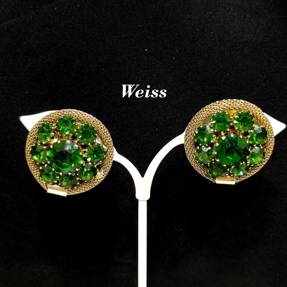 Weiss Green Rhinestone Gold Mesh Earrings, Emerald Green, Gold Plated, 1950s